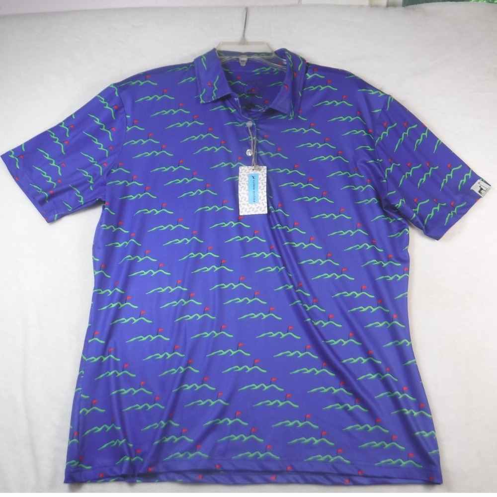 Proud 90 Golf Is Fun Mens XL Purple Performance Polo Shirt Green Red Flags NWT